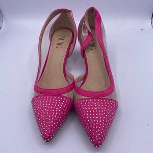 NUYG pink pointy toe rhinestone kitten low heels pumps